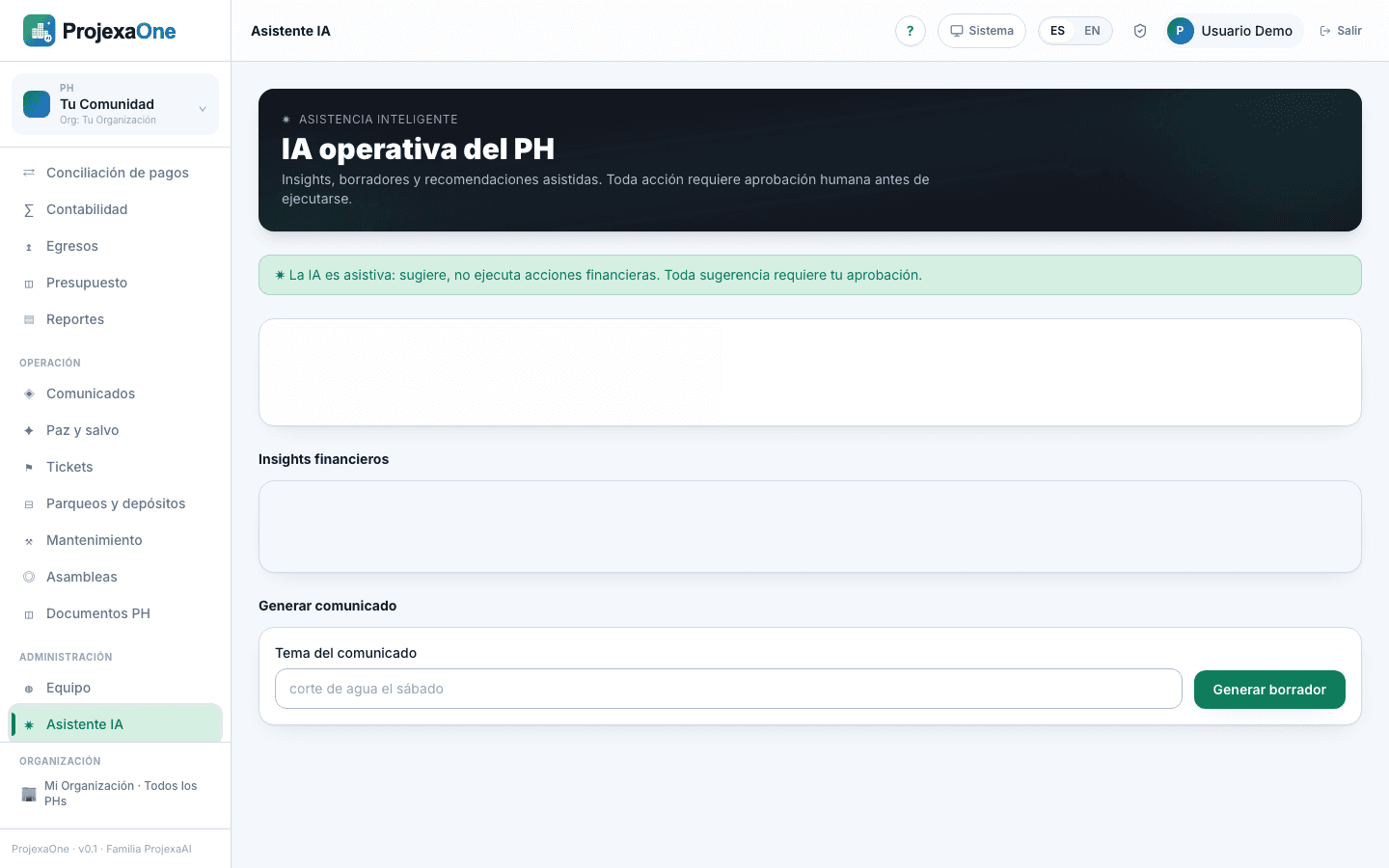 Captura real del módulo Asistente IA de ProjexaOne (datos redactados)