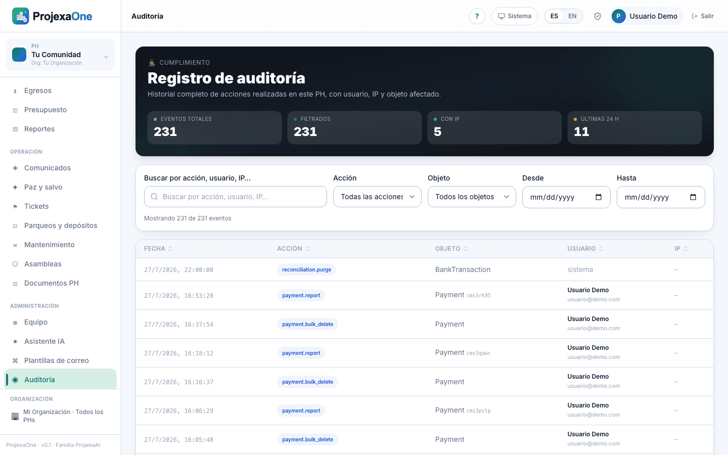 Captura real del módulo Auditoría de ProjexaOne (datos redactados)