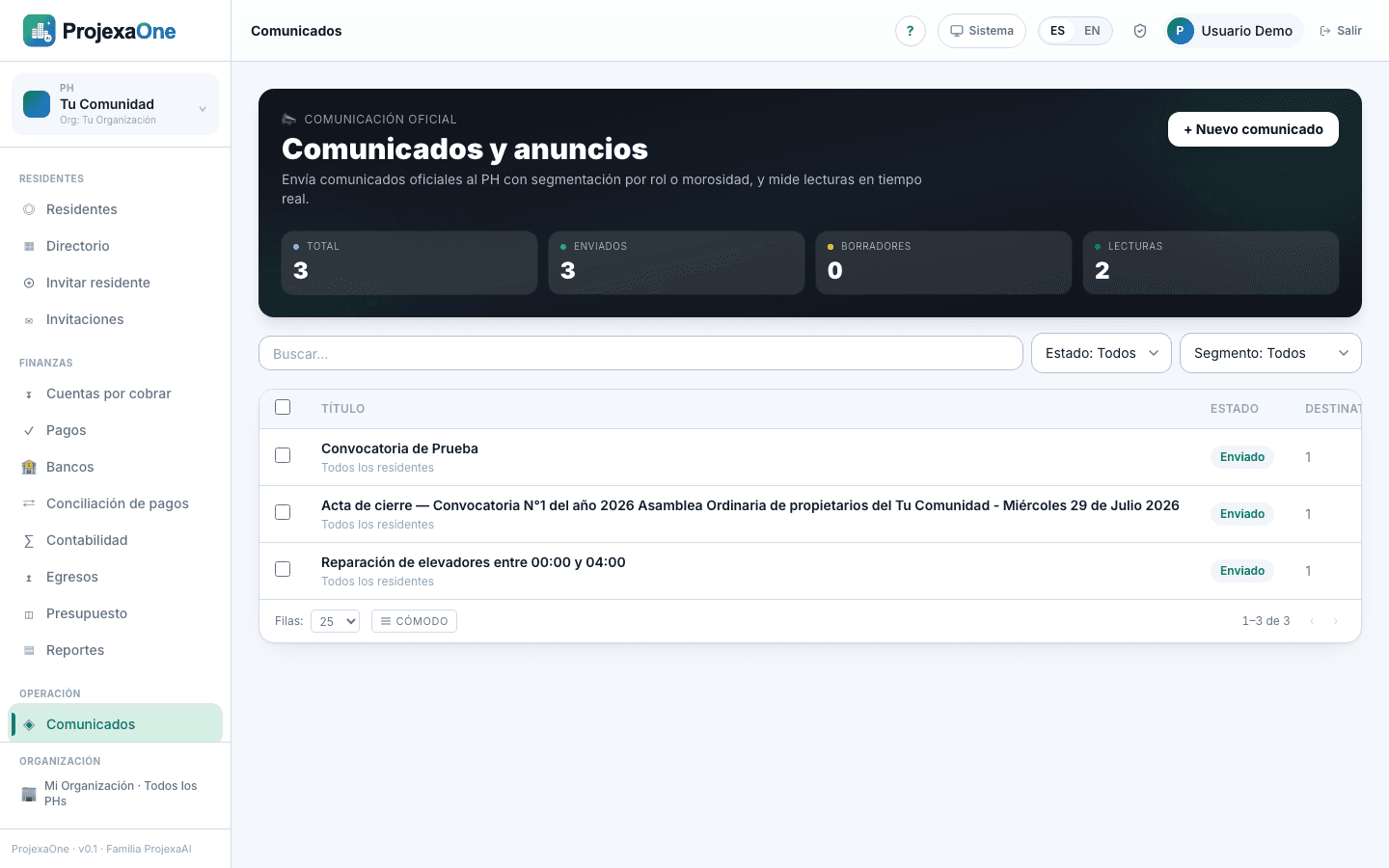 Captura real del módulo Comunicados de ProjexaOne (datos redactados)