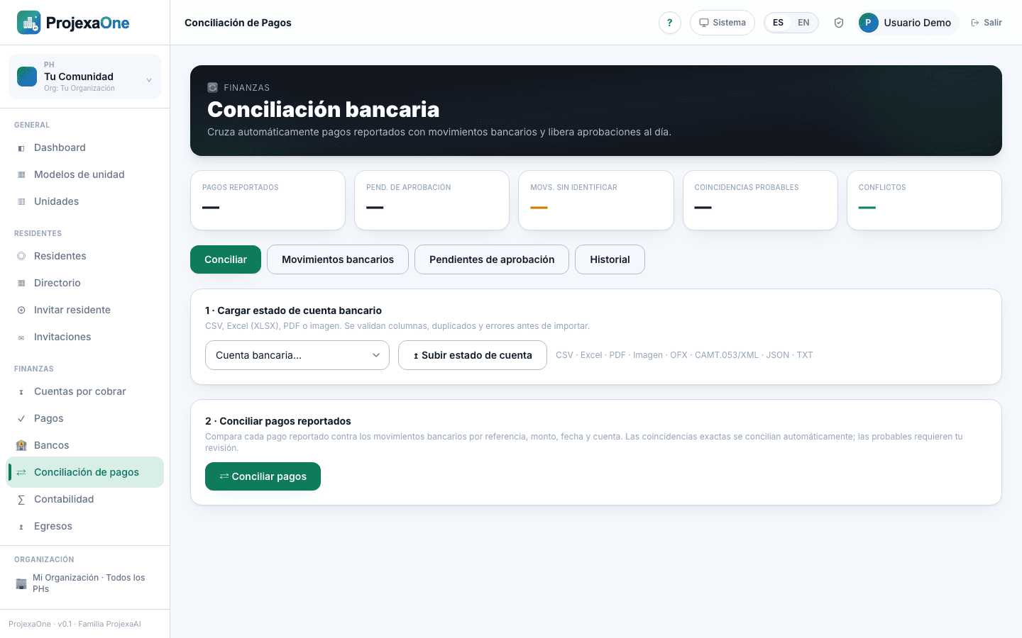 Captura real del módulo Conciliación bancaria de ProjexaOne (datos redactados)