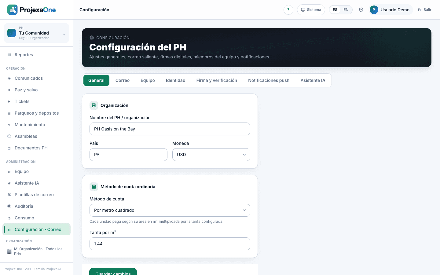 Captura real del módulo Configuración de ProjexaOne (datos redactados)
