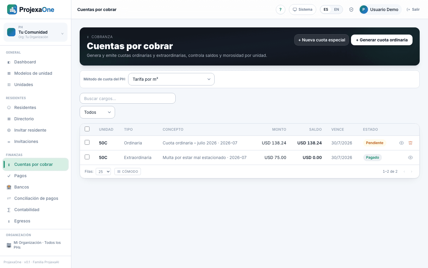 Captura real del módulo Cuentas por cobrar de ProjexaOne (datos redactados)