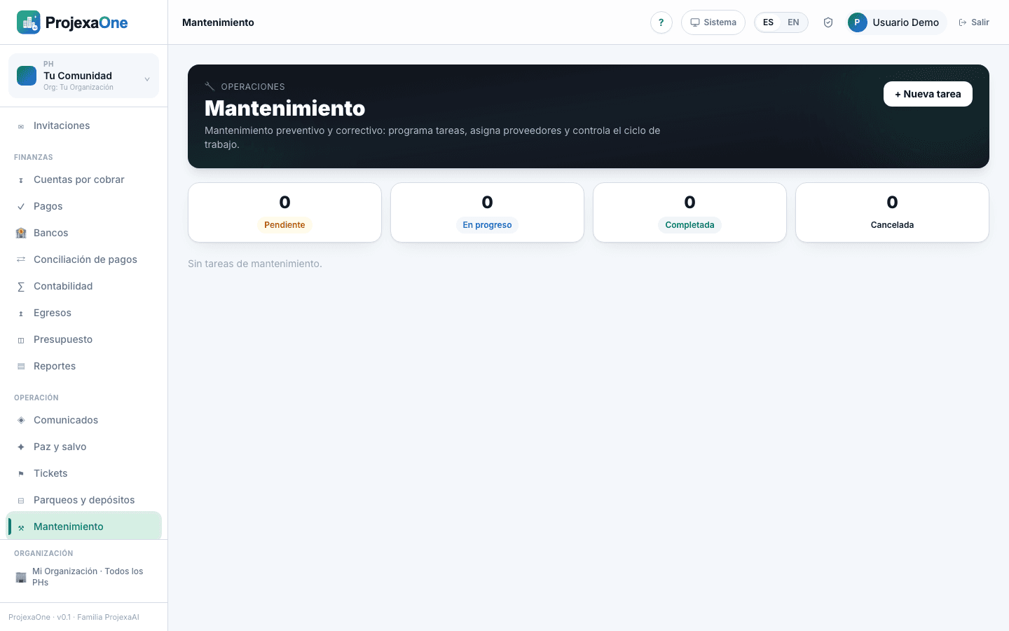Captura real del módulo Mantenimiento de ProjexaOne (datos redactados)
