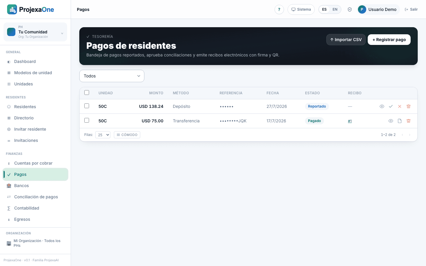 Captura real del módulo Pagos de ProjexaOne (datos redactados)