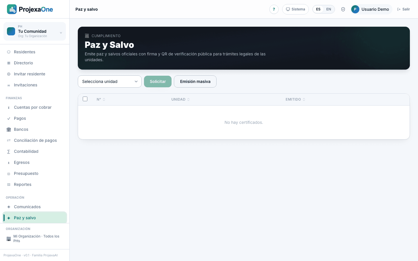 Módulo Paz y salvo del backoffice