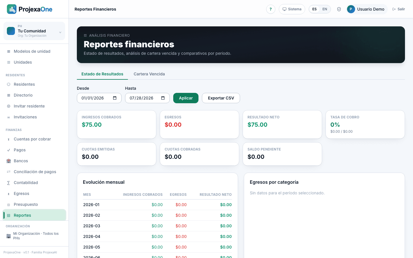 Captura real del módulo Reportes de ProjexaOne (datos redactados)