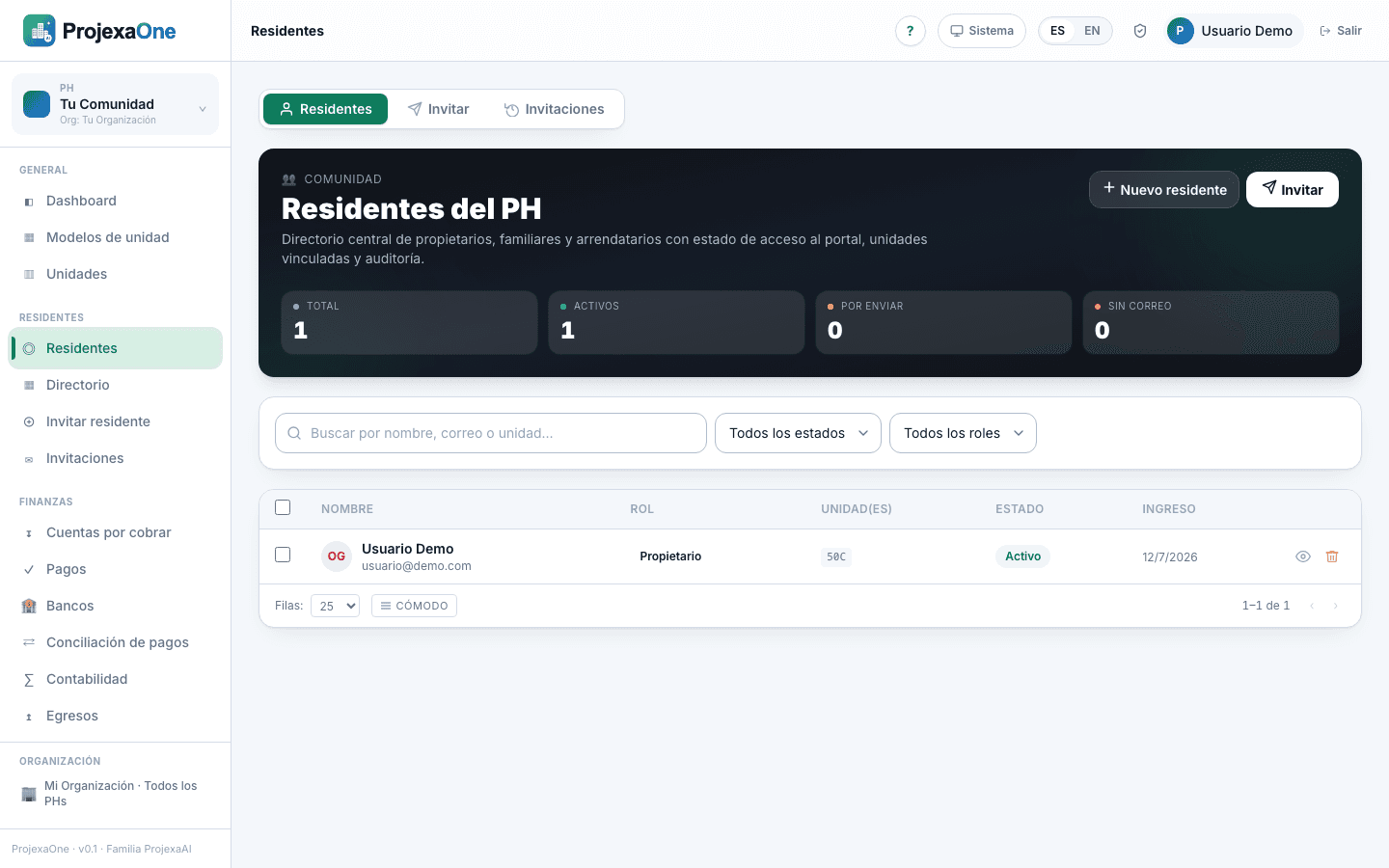 Captura real del módulo Residentes de ProjexaOne (datos redactados)