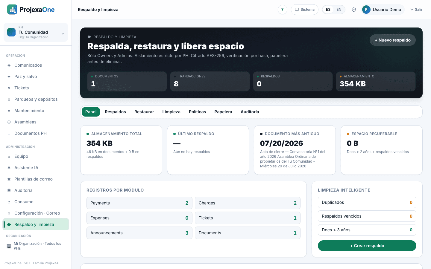 Captura real del módulo Respaldo y limpieza de ProjexaOne (datos redactados)