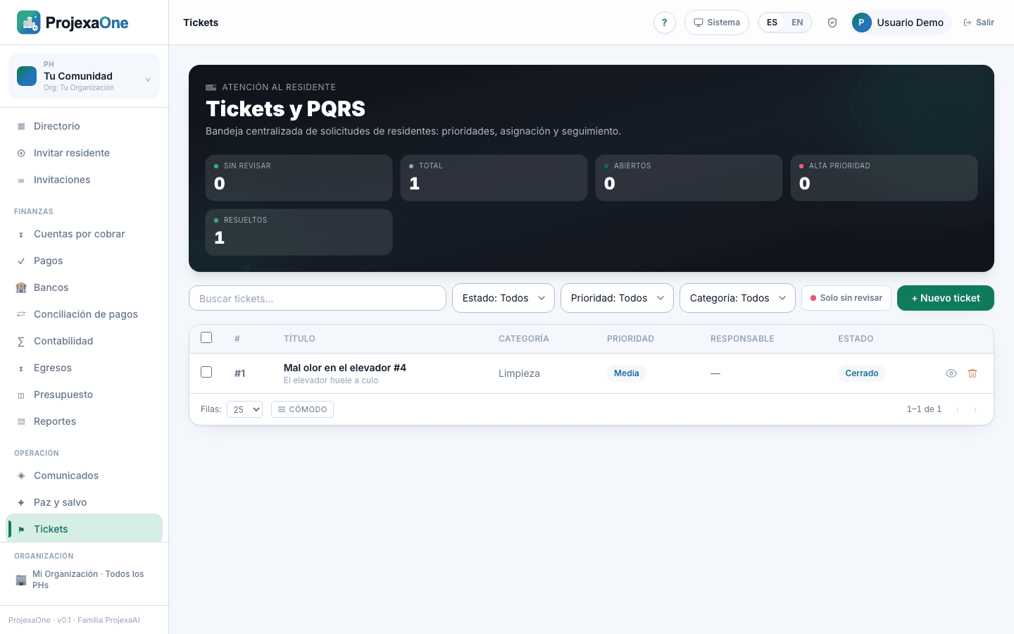 Captura real del módulo Tickets de ProjexaOne (datos redactados)