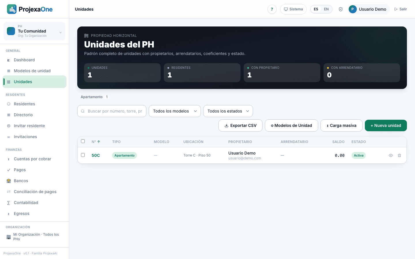 Captura real del módulo Unidades de ProjexaOne (datos redactados)