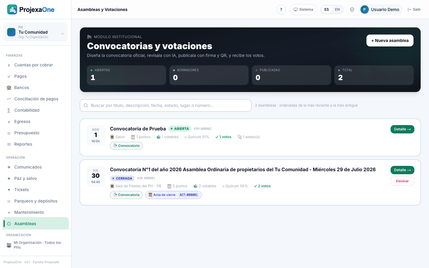 Módulo Asambleas de ProjexaOne — listado y creación