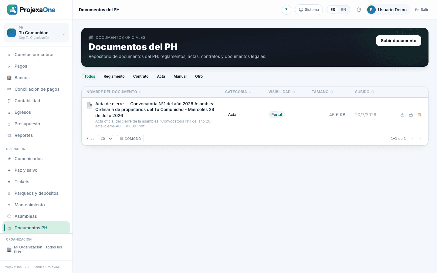 Captura real del módulo Documentos del PH de ProjexaOne (datos redactados)